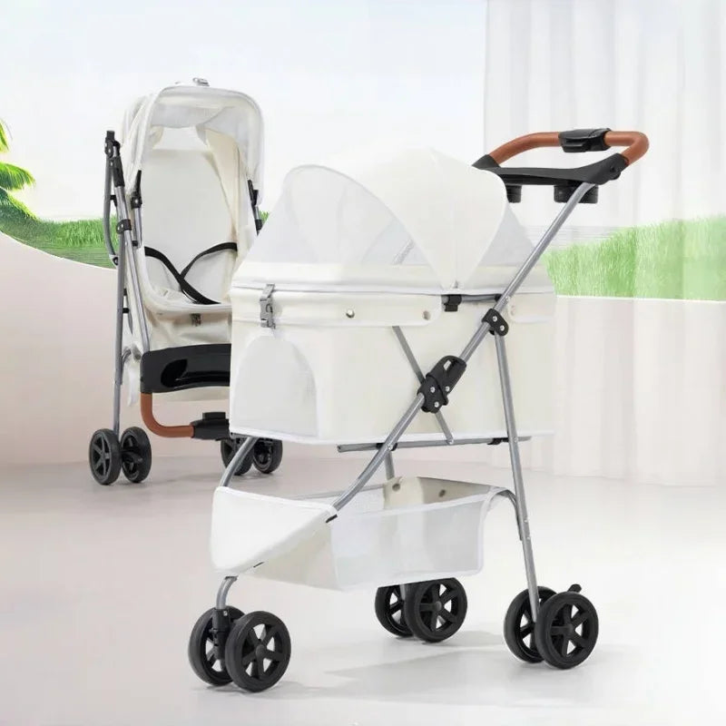 Elegant Lightweight White Pet Stroller – Stylish & Airy Design for Dogs & Cats